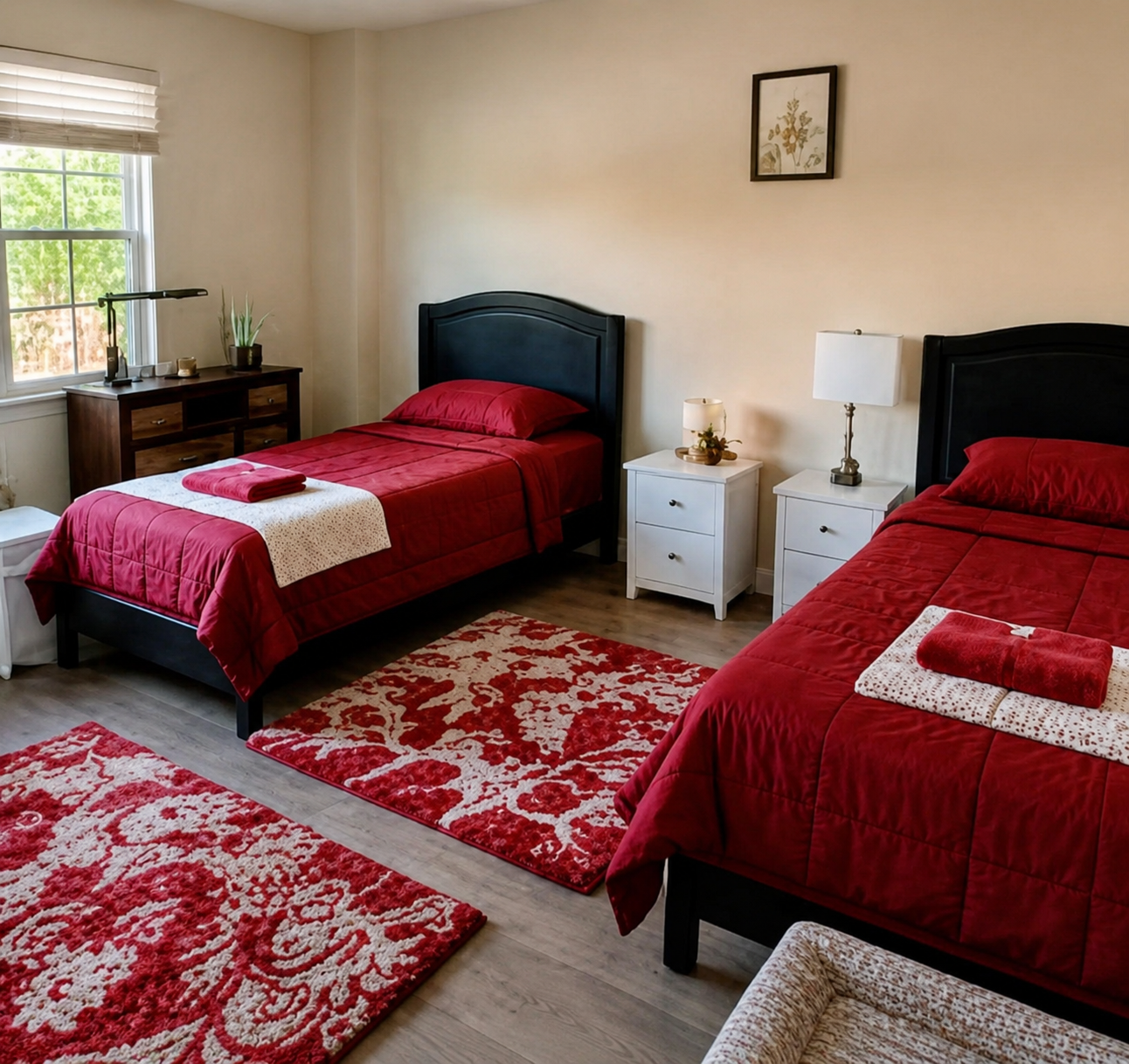 Furnished shared bedroom with red bedding